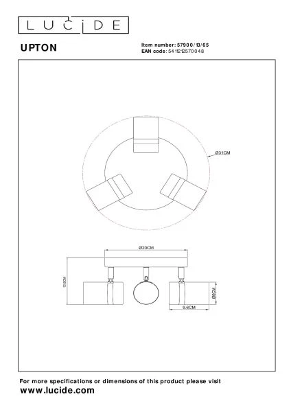 Lucide UPTON - Deckenstrahler - 3xGU10 - Rauchfarbe Grau - technisch